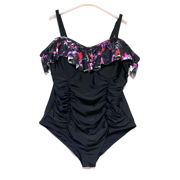 Torrid Swimsuit Tropical Off Shoulder Plus Size 3X Ruched Flounce Sexy Black - Picture 2 of 15